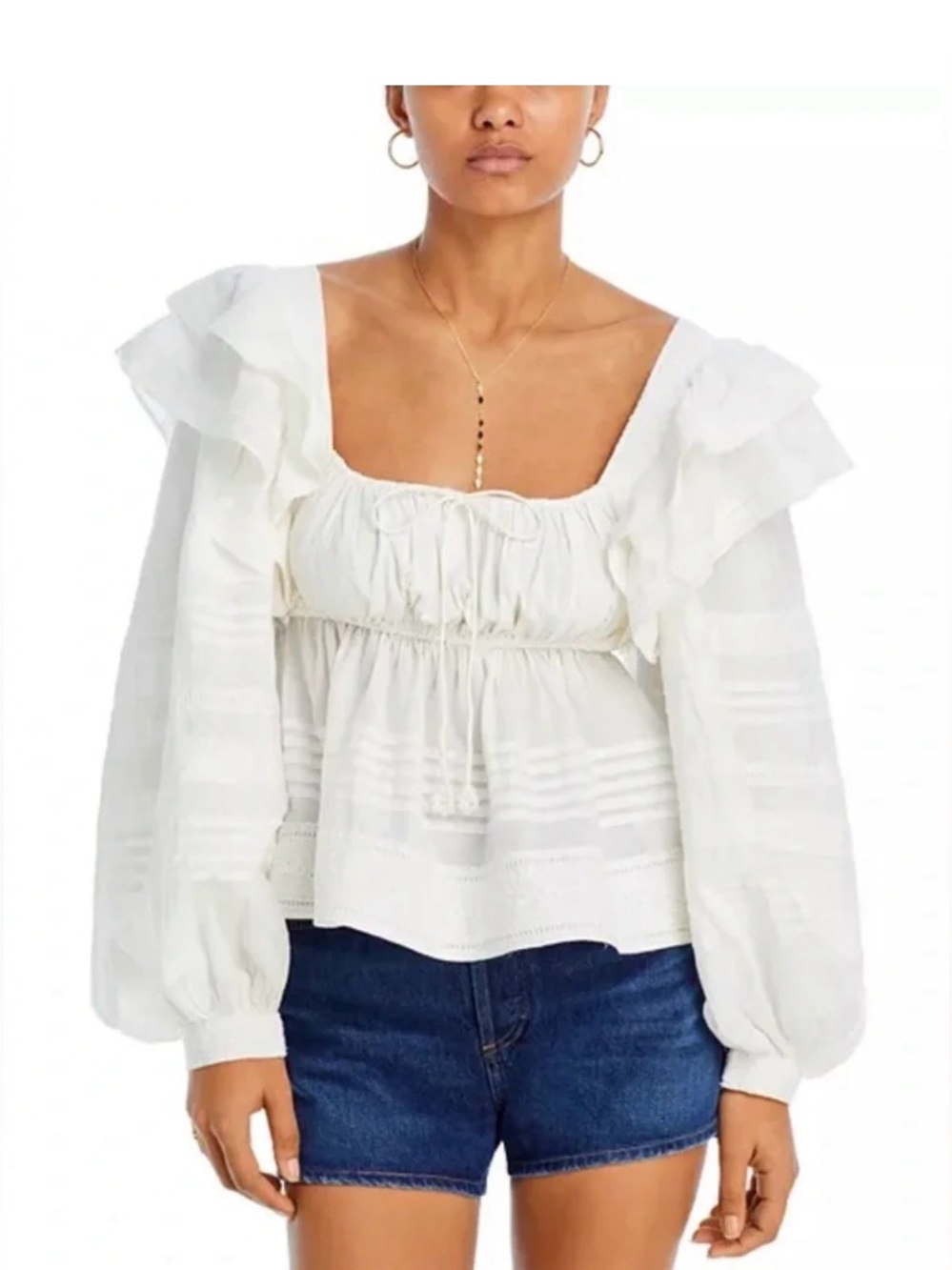FARM Rio, Off White Square Neckline Ruffle Blouse, White, L
